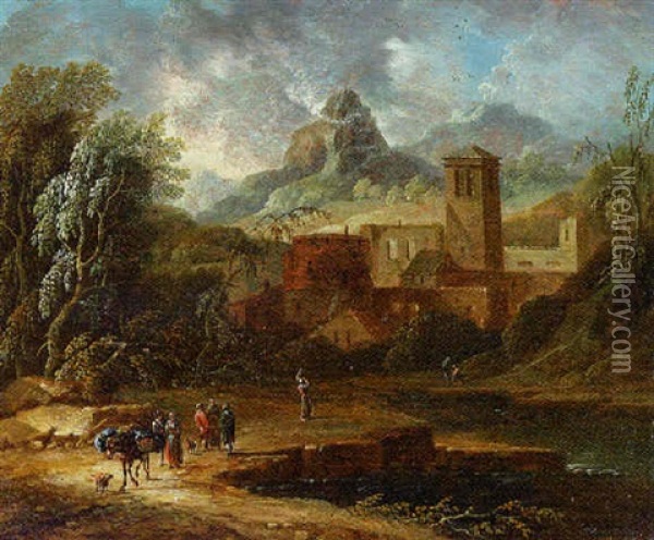 An Italianate Landscape With Travellers And A Packmule On The River Bank Oil Painting - Christian Hilfgott Brand