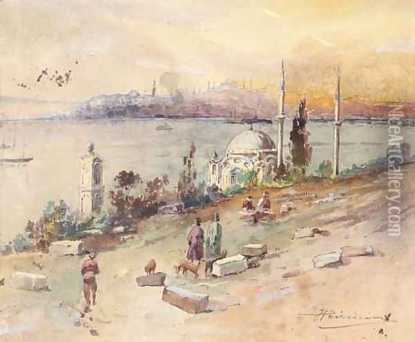 Sunset at the Golden Horn, Istanbul Oil Painting - Russian School