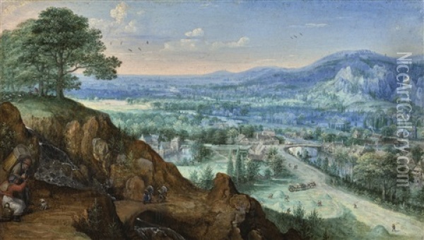 A View In The Taunus Near Bad Schwalbach, With Travellers Beside A Mountain Stream Oil Painting - Lucas Van Valkenborch