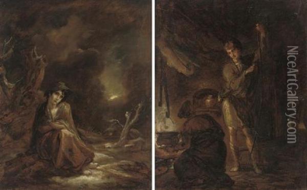 Scenes From William Cowper's 
'the Task' (1785): A Moonlit Winter Landscape With 'crazy Kate' At Rest 
On A Track; And A Boy Stringing A Bow Oil Painting - Thomas Barker of Bath