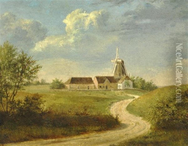Houses And A Mill At The End Of A Road Oil Painting - Dankvart-Christian-Magnus Dreyer