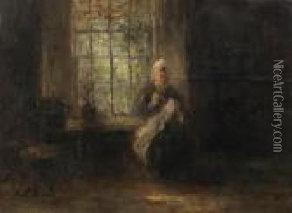 A Woman In An Interior Oil Painting - Jozef Israels