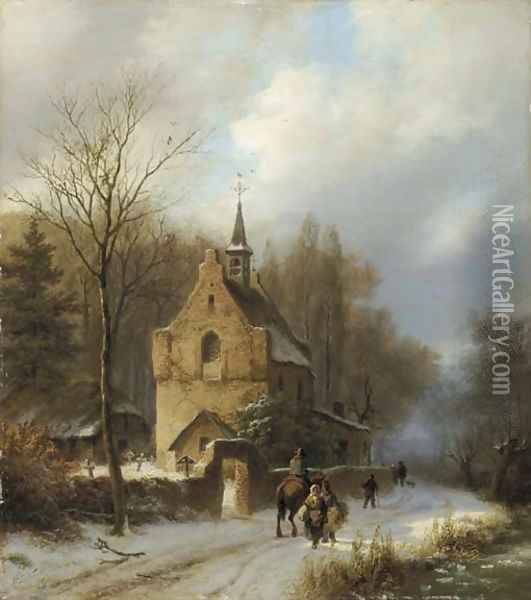 Een boomrijk landschap met een kapel bij winter peasants passing a chapel in winter Oil Painting - Barend Cornelis Koekkoek
