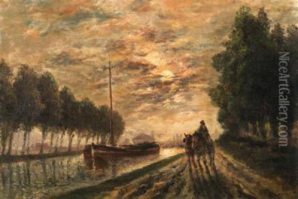 La Canal De L'ourcq, Chemin De Halage, Effet De Lune Oil Painting - Stanislas Lepine