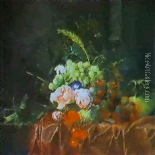 Ein Stilleben Von Rosen, Weintrauben Und Kirschen Oil Painting - Cornelis De Heem