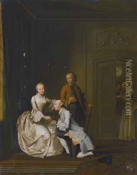 An Interior Scene With A Lady And Two Suitors Oil Painting - Jacob Buys