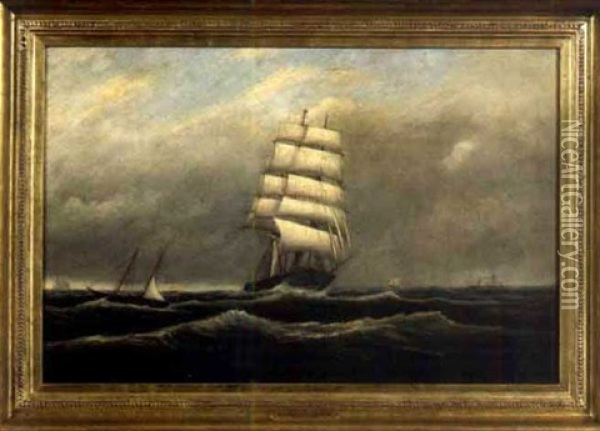 Square Rigger Under Partial Sail On The Open Sea Oil Painting - Clement Drew