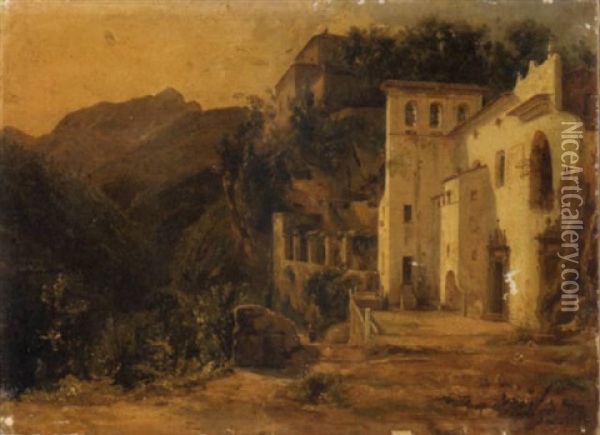 A Hillside Town Near Amalfi With A Church In The Foreground Oil Painting - Giacinto Gigante