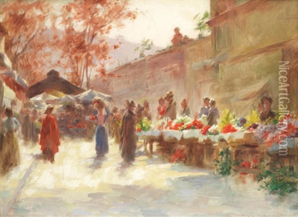 Street Market Scene Oil Painting - Serkis Diranian