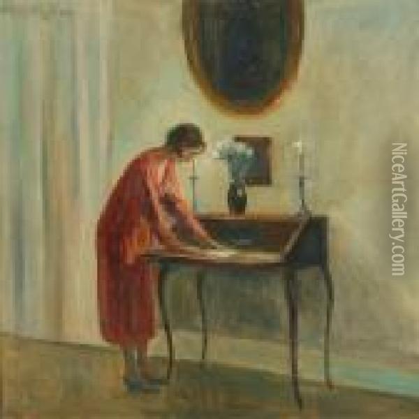 Interior With Woman Oil Painting - Poul Friis Nybo