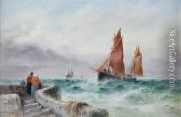 A Coastal Scene With Figures On A Stone Jetty To The Fore Watching A Fishing Boat Return Oil Painting - S.L. Kilpack