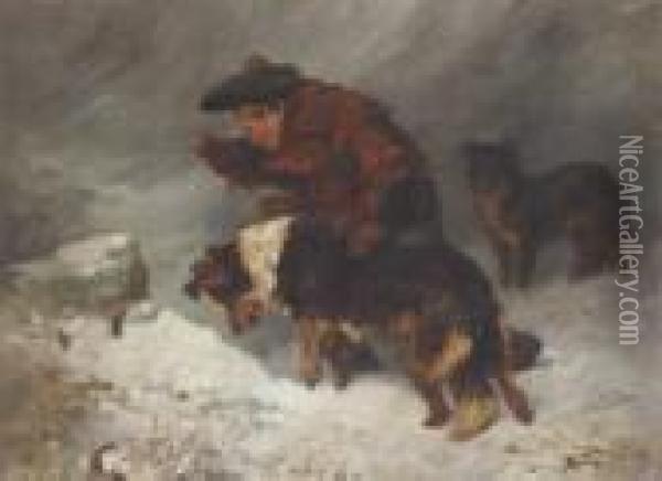 Highland Lad With Collies In The Snow Oil Painting - John Emms