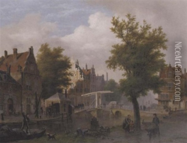 After The Rain: Townsfolk By A Drawbridge Over A Canal, Amsterdam Oil Painting - Bartholomeus Johannes Van Hove