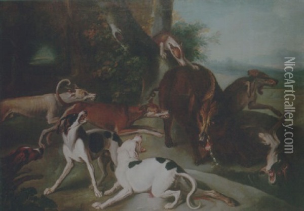 A Wooded Landscape With Hounds Attacking A Wild Boar Oil Painting - Jean-Baptiste Oudry