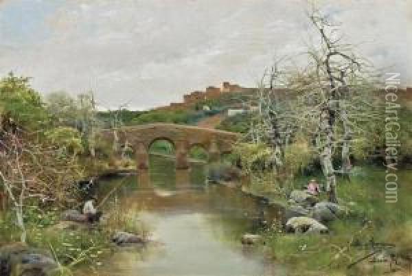 Fishing By A Bridge Oil Painting - Manuel Garcia y Rodriguez