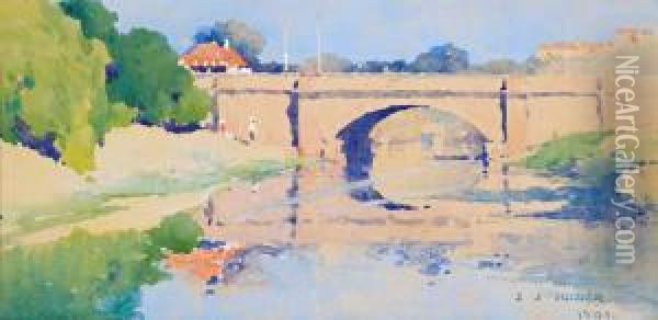Lennox Bridge, Parramatta Oil Painting - Jesse Jewhurst Hilder