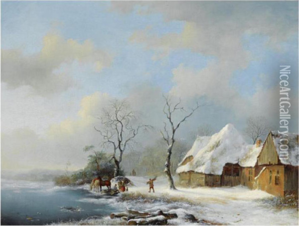 Woodgatherers In A Snowy Landscape Oil Painting - Frederik Marianus Kruseman