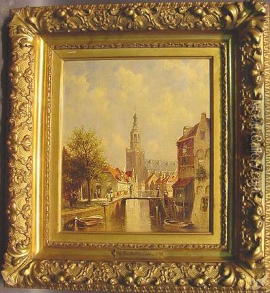 Figures On A Canal, Gouda, Holland Oil Painting - Pieter Gerard Vertin