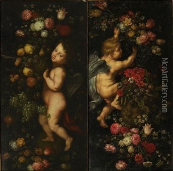 Putti Et Fleurs (pair) Oil Painting - Jan Pieter Ykens