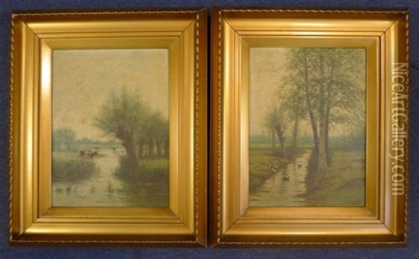 River Landscapes With Cattle And Ducks (pair) Oil Painting - William Frederick Hulk