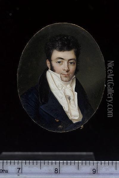 A Gentleman, Wearing Blue Coat With Black Velvet Collar And Large Brass Buttons, White Waistcoat, Frilled Shirt And White Stock Held With A Diamond Tie-pin Oil Painting - Louis Marie Autissier