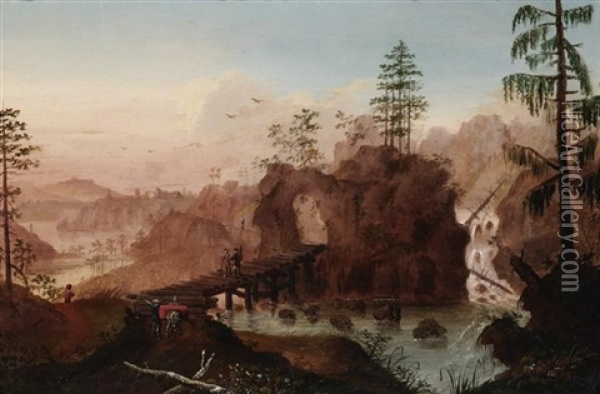 Gebirgsbach Mit Brucke Und Figurenstaffage Oil Painting - Hans Rudolf Wengen