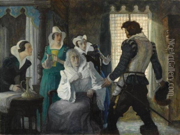 And There, Quite Close To Him 
Was Elizabeth Among Her Ladies, In Adressing Gown, Unpainted, Without 
Her Wig, Her Grey Hair Hanging Inwisps About Her Face, And Her Eyes 
Starting From Her Head. Oil Painting - Newell Convers Wyeth