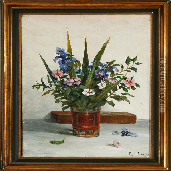 A Still Life Withflowers In A Vase On A Table Oil Painting - Viggo Rasmus Simesen