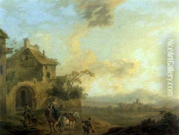 Chasseur Et Voyageurs Dans Un Paysage Italianisant Avec Ruines Oil Painting - Cornelisz van Essen