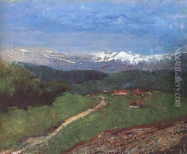 Landscape in the Alps View from the Rax c. 1900 Oil Painting - Laszlo Mednyanszky