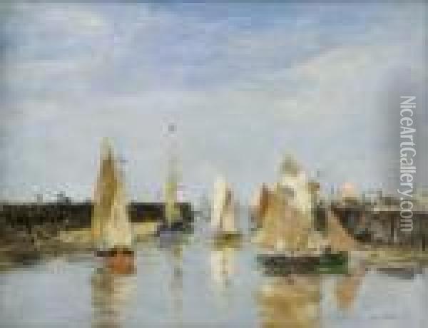 French Oil On Wooden Panel 'la Jetee De Trouville' Signed 8.25 X 10.5in Oil Painting - Eugene Boudin