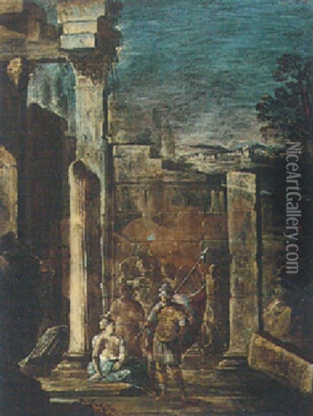 An Architectural Capriccio With A Soldier Conversing With A Courtesan Oil Painting - Octavio Viviano