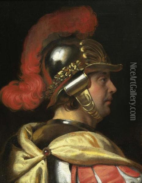 Portrait Eines Mannes Mit Helm Im Profil. Oil Painting - Ferdinand Bol