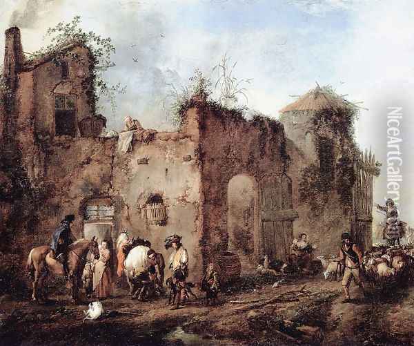 Courtyard with a Farrier Shoeing a Horse Oil Painting - Philips Wouwerman