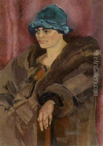 Woman In A Green Hat Oil Painting - Olga Slomszynska Slom