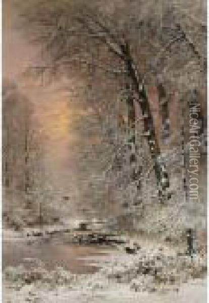 A Snowy Landscape At Sunset Oil Painting - Louis Apol