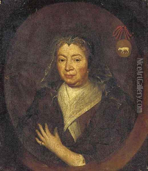 Portrait of a lady, bust-length, in a brown coat and white collar, feigned oval Oil Painting - English School
