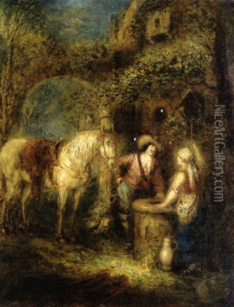 Flirt Am Brunnen Oil Painting - Rudolf Robert Wolf