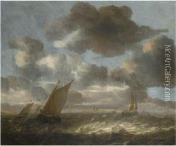 Small Sailing Vessels In A Short Chop, A View Of A Townbeyond Oil Painting - Abraham Hendrickz Van Beyeren