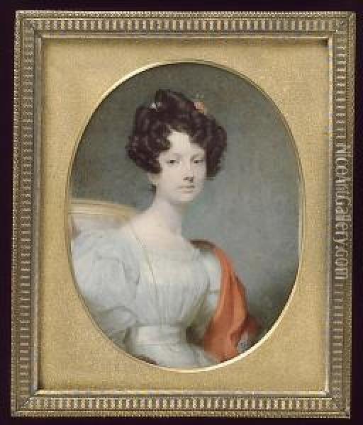Mrs. William Josh Cottman, 
Seated, Wearing White Dress, Long Gold Chain Necklace And Vermilion-red 
Cloak Over Her Left Shoulder, A Matching Ribbon In Her Curled Dark Hair Oil Painting - Andrew Robertson