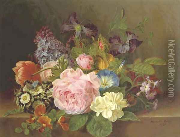 Mixed flowers on a ledge Oil Painting - Henriette Gertruide Knip