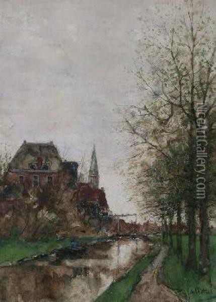By The Canalside Oil Painting - Fredericus Jacobus Van Rossum Du Chattel