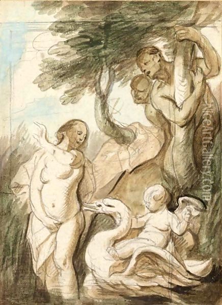 A Bathing Nymph Surprised By Satyrs, A Putto Riding A Swan Beside Her Oil Painting - Jacob Jordaens