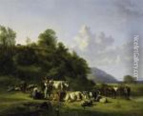 In A Vast Field Valley. Two 
Farmerfolk Milking The Cows. With Monogram Lower Left: J.v.r. Fecit Oil Painting - Jan Van Ravenswaay