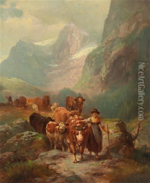 Driving The Herd Down From The Alpine Pastures Oil Painting - Ludwig Sellmayr