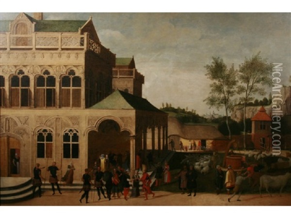 A Wedding And Figures Merrymaking In The Grounds Of A Manor House, With An Extensive Landscape Beyond Oil Painting - Abel Grimmer