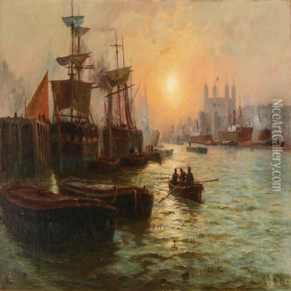 Harbour Scene From London In The Background Tower Oil Painting - Charles John de Lacy