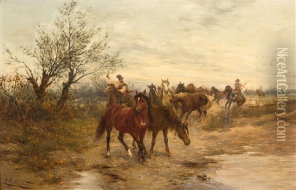 Konie Na Puszcie Oil Painting - Ludwig Gedlek
