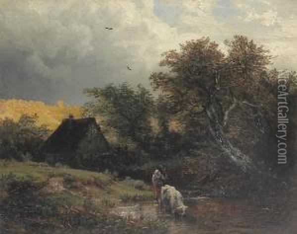 Hirtin Mit Kuh An Der Tranke, Im Hintergrund Ein Bauerngehoft Oil Painting - Andreas Achenbach