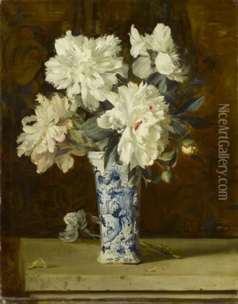 Weisses Pfingstrosenbouquet In Einer Delfter Vase Oil Painting - Gabriel Schachinger